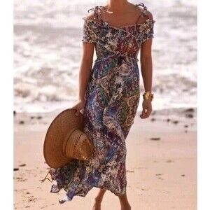 Anthropologie Smocked Boho Maxi Dress Womens Large Beach Gauze Multicolor NWT